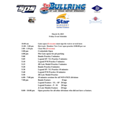 Racer's Schedule- March 10-11, 2023